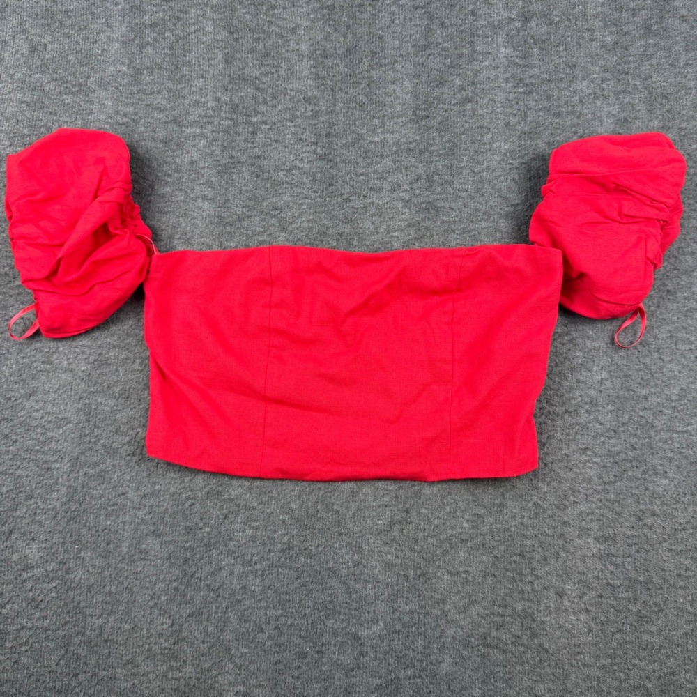 Monteau Crop Top Women's Medium Red Puff Sleeve Smocked Linen Blend ST201808